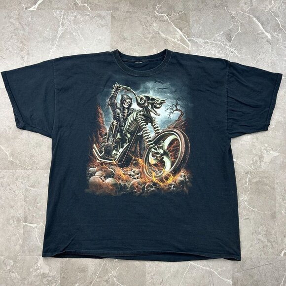 Vintage Biker Flames Skull Graphic Tee Mens 3XL y2k Short Sleeve Ghost Rider - Picture 1 of 12